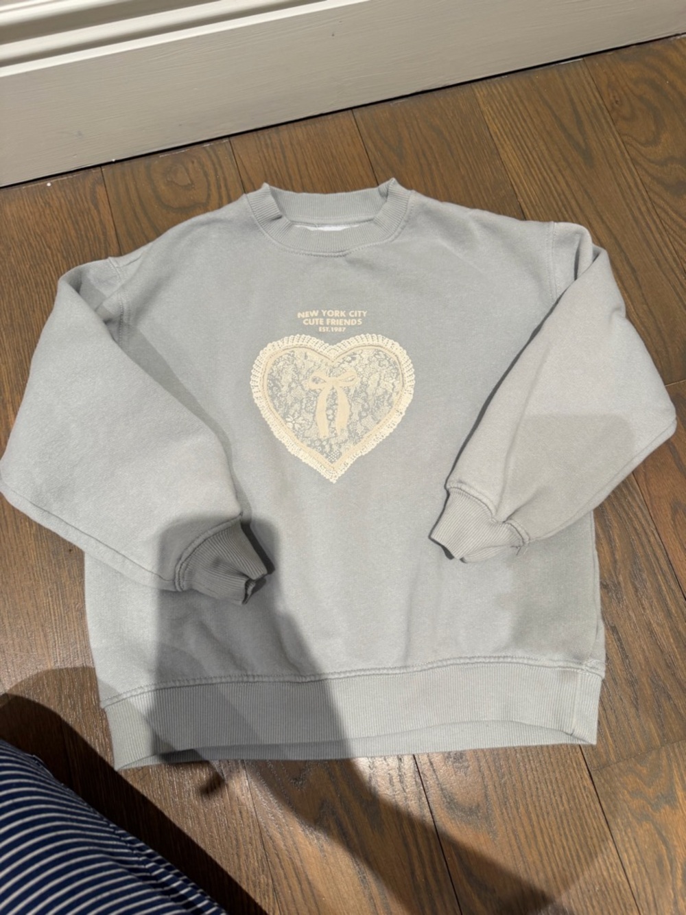 Zara Pale Gray Ribbed Crewneck Sweatshirt with Center Label